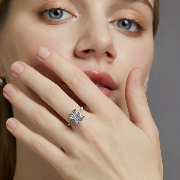 Finger Ring 925 Silver Square Geometric Ice Flower Cut High Carbon Diamond Women's