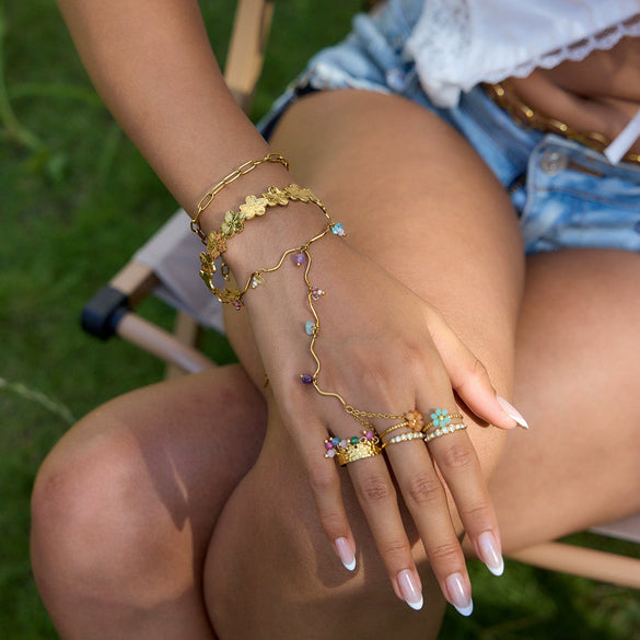 Fingerless Bracelet Stainless Steel Colorful Natural Stone Flower Pattern Electroplated Highend Hand Jewelry