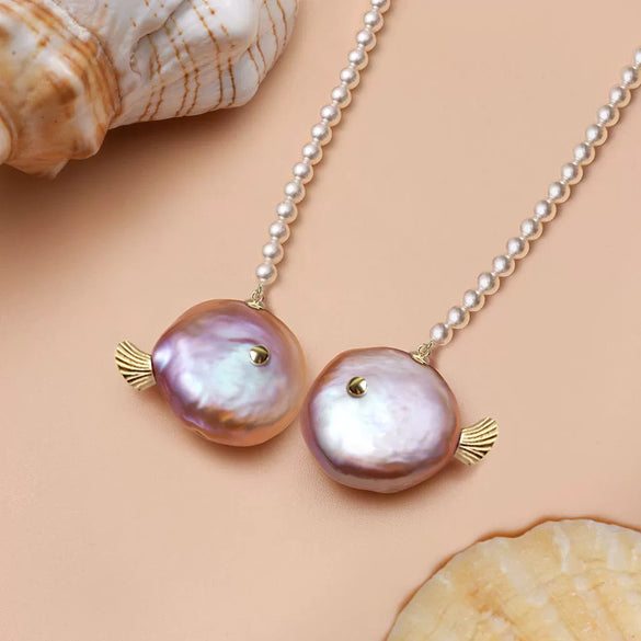 Fish Necklace Copper Natural Baroque Shaped Pearl Chain Electroplated Animal Pattern Jewelry