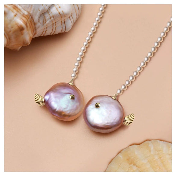 Fish Necklace Copper Natural Baroque Shaped Pearl Chain Electroplated Animal Pattern Jewelry