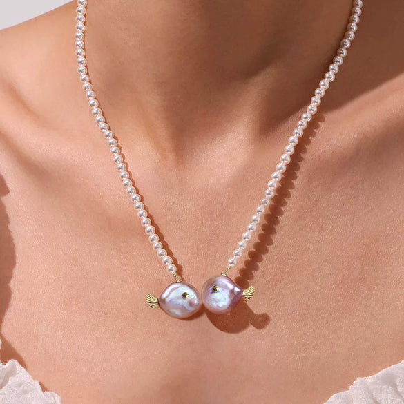 Fish Necklace Copper Natural Baroque Shaped Pearl Chain Electroplated Animal Pattern Jewelry