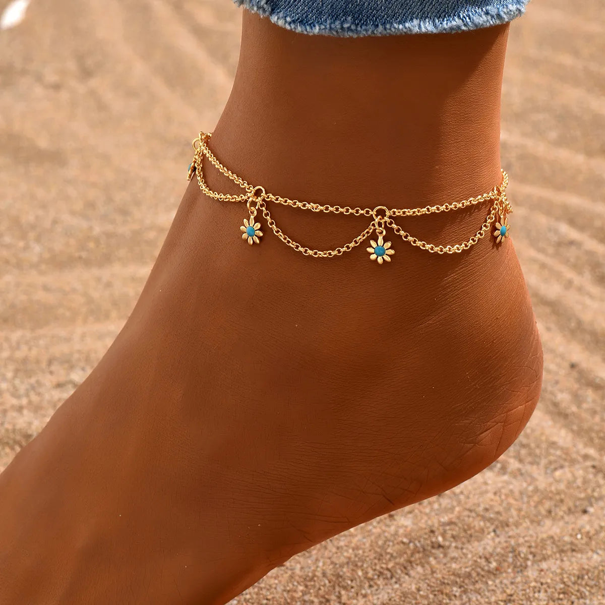 Fitness Flower Copper Patchwork 18k Gold Plated Women'S Anklet