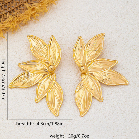Fivepetal Floral Statement Earrings With Electroplated Goldtone Iron Alloy And Stainless Steel Posts Retro Botanical Design For Women