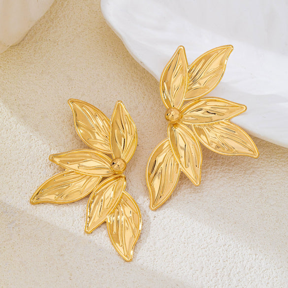 Fivepetal Floral Statement Earrings With Electroplated Goldtone Iron Alloy And Stainless Steel Posts Retro Botanical Design For Women