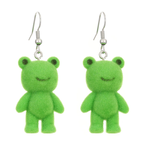 Flocking Resin Frog Pendant Earrings Cute Cartoon Animal Design With Electroplating