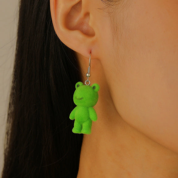 Flocking Resin Frog Pendant Earrings Cute Cartoon Animal Design With Electroplating