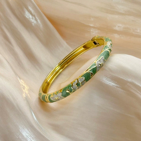 Floral Enamel Cloisonné Open Cuff Bracelet With Retro Decorative Finish Statement Accessory