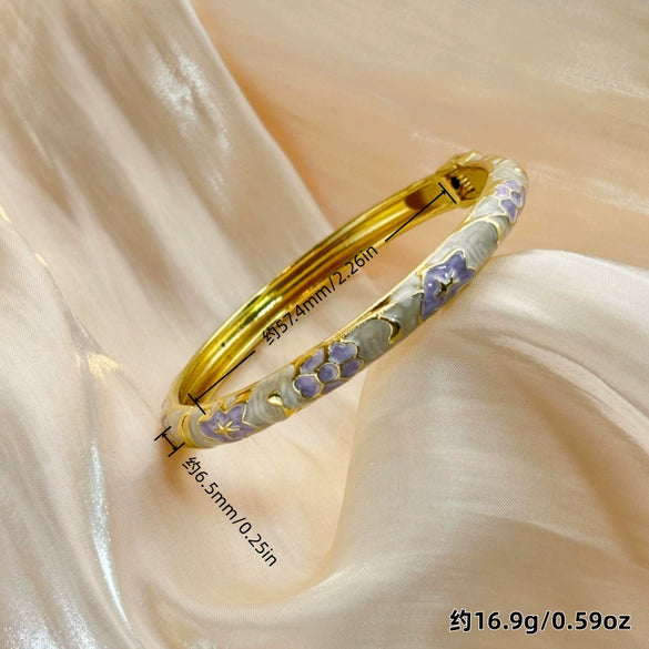 Floral Enamel Cloisonné Open Cuff Bracelet With Retro Decorative Finish Statement Accessory