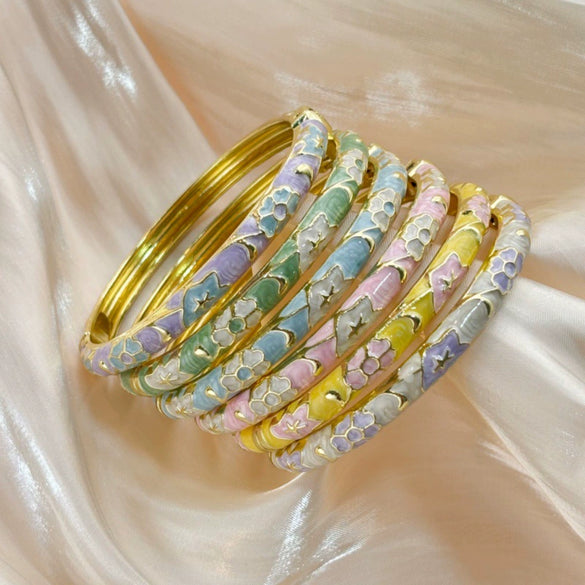 Floral Enamel Cloisonné Open Cuff Bracelet With Retro Decorative Finish Statement Accessory