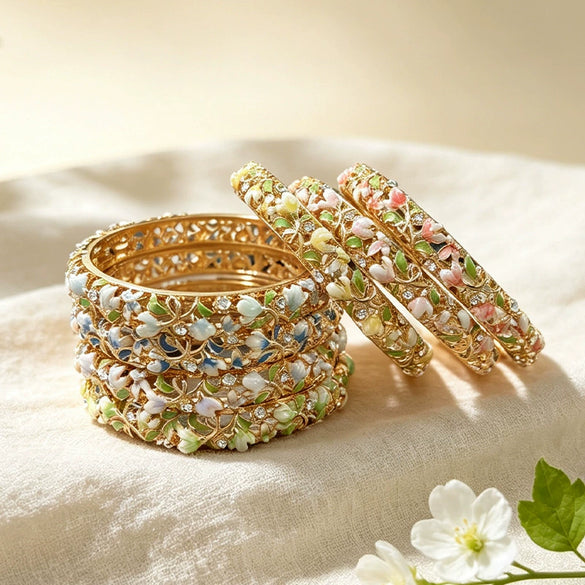 Floral Enamel Filigree Bracelet With Openwork Cloisonné Design And Vintage Court Style Plated Finish