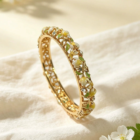Floral Enamel Filigree Bracelet With Openwork Cloisonné Design And Vintage Court Style Plated Finish