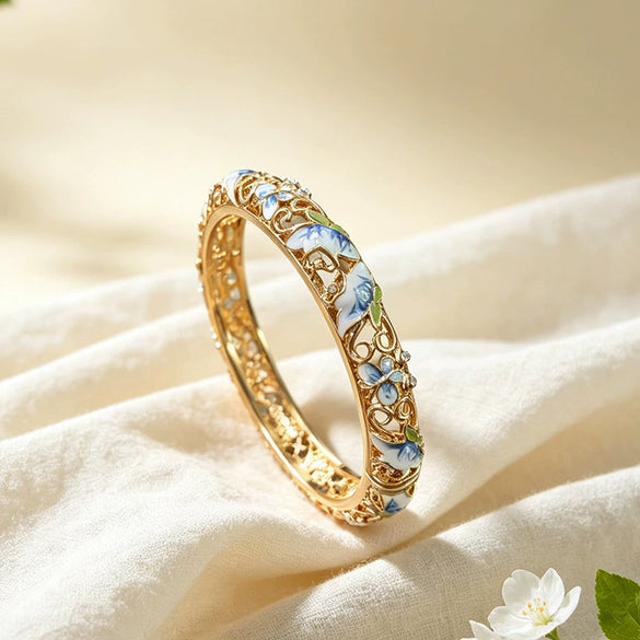 Floral Hollow Carved Cloisonné Enamel Bangle With Plated Finish Modern Minimalist Wholesale Jewelry