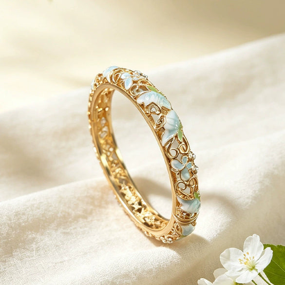 Floral Hollow Carved Cloisonné Enamel Bangle With Plated Finish Modern Minimalist Wholesale Jewelry