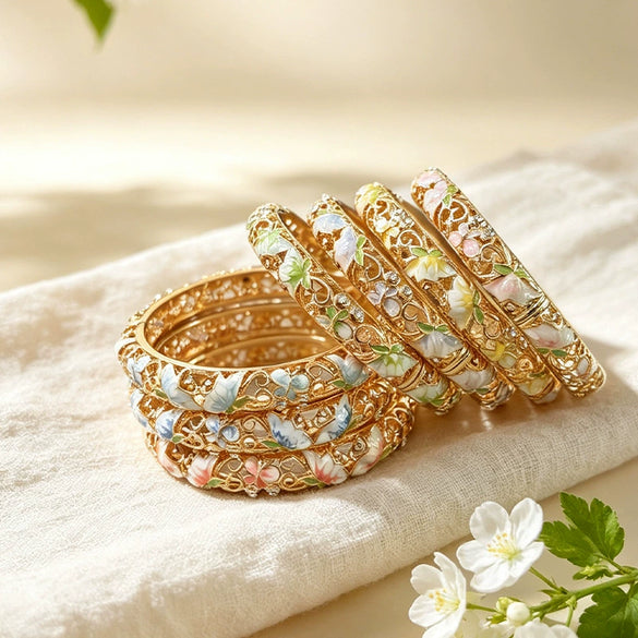 Floral Hollow Carved Cloisonné Enamel Bangle With Plated Finish Modern Minimalist Wholesale Jewelry