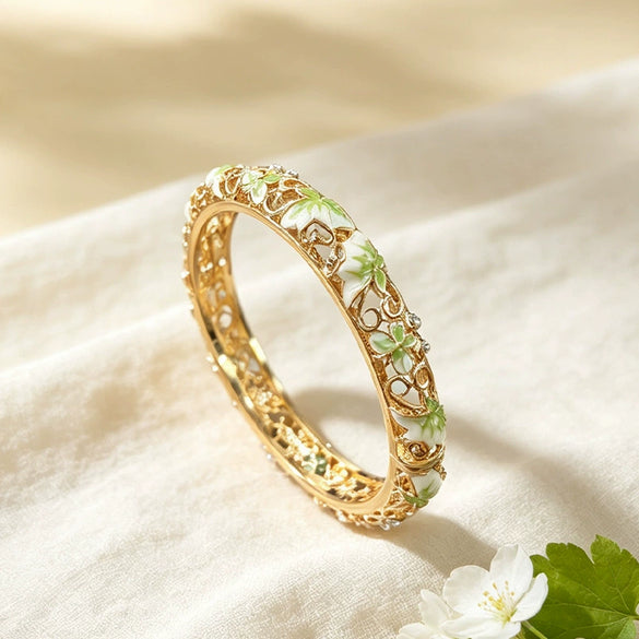 Floral Hollow Carved Cloisonné Enamel Bangle With Plated Finish Modern Minimalist Wholesale Jewelry