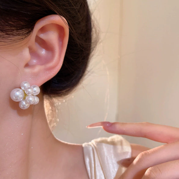 Floral Imitation Pearl Earrings For Women Electroplated Retro Style