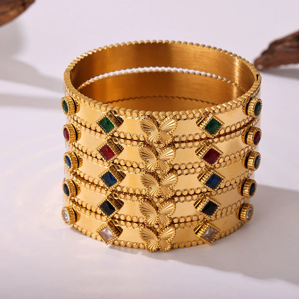 Flower Butterfly Zircon Czech Glass Stainless Steel 18K Gold Plated Women's Bracelet With High Edition Buckle And Electroplating Treatment