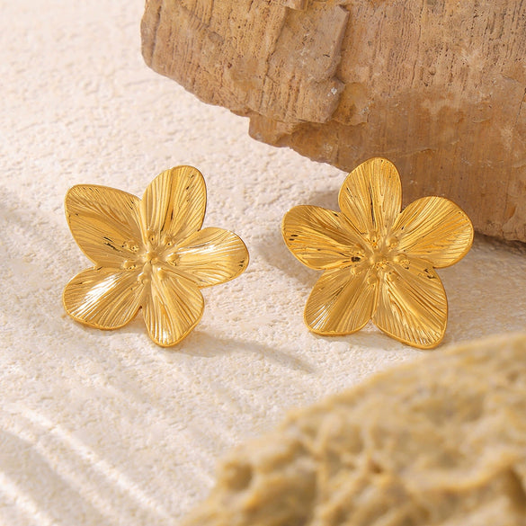 Flower Earrings Geometrical Irregular Hammer Pleated Design Titanium Steel 18K Gold Plated Retro Earrings For Women