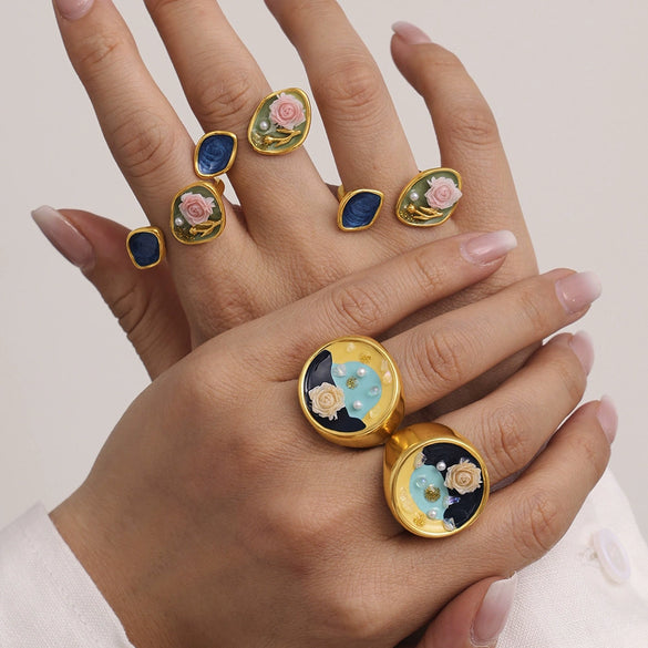 Flower Oil Painting Pattern Pearl Titanium Steel Jewelry Set With Electroplating For Women Light Luxury Palace Style