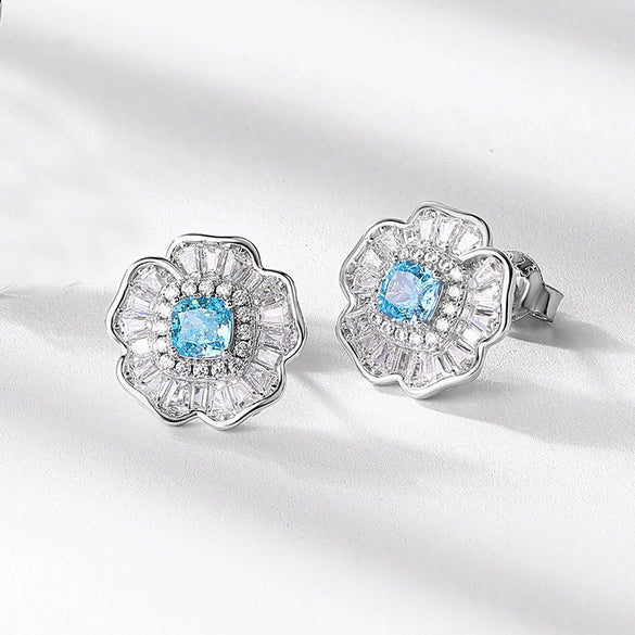 Flower Stud Earrings 925 Silver Ice Flower Cut High Carbon Diamond