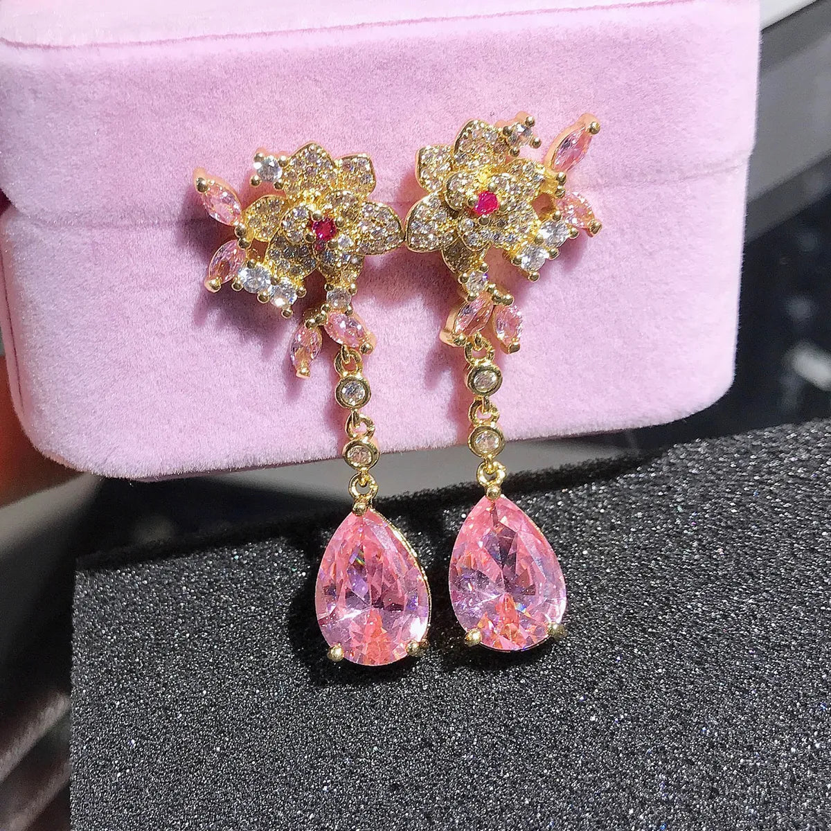 Flower Stud Earrings Stereo Rose Pink Drop-shaped Gemstone Crystal Long Earrings