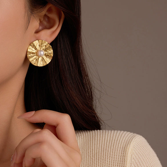 Folded Irregular Round Pearl Stainless Steel Electroplated Vintage Women's Earrings