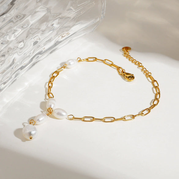Foot Chain Freshwater Pearl Titanium Steel 18K Gold Geometric Style Women's Accessories