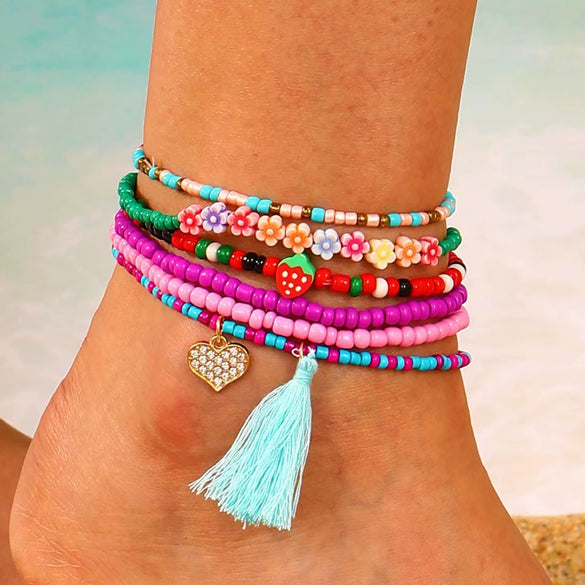 Foot Chain Plastic Resin Animal Zodiac Style Bohemian Vacation Soft Pottery Pendant Multilayer Elastic