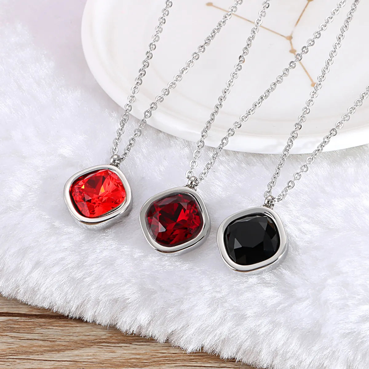 Formal Simple Style Geometric Stainless Steel Inlay Zircon Pendant Necklace