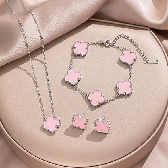Fourleaf Clover Titanium Steel Necklace Bracelet Earrings Threepiece Set Light Luxury Style O Word Chain Electroplated In Vacuum Furnace