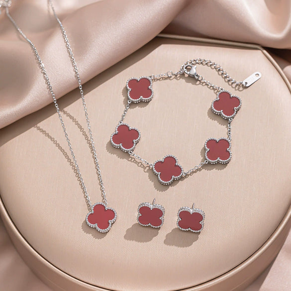 Fourleaf Clover Titanium Steel Necklace Bracelet Earrings Threepiece Set Light Luxury Style O Word Chain Electroplated In Vacuum Furnace