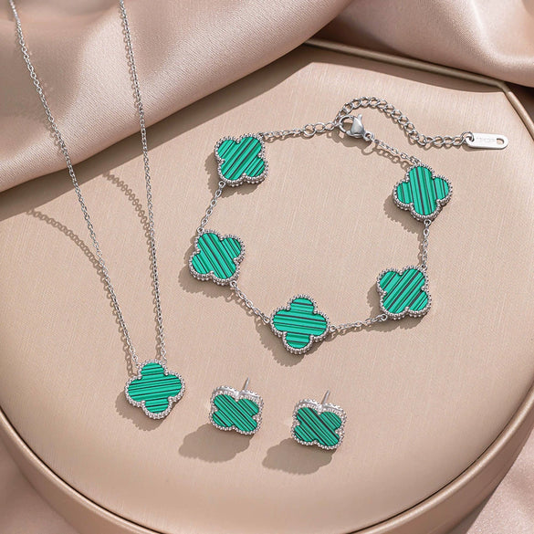 Fourleaf Clover Titanium Steel Necklace Bracelet Earrings Threepiece Set Light Luxury Style O Word Chain Electroplated In Vacuum Furnace