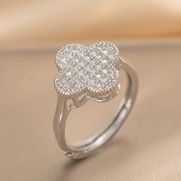 Fourleaf Clover Unisex Ring Copper Goldplated With Geometric Design And Diamond Processing