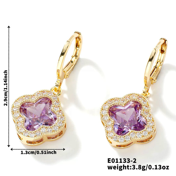Fragrant Fourleaf Clover Earrings Copper Zircon Glass Geometric Fashion Electroplating