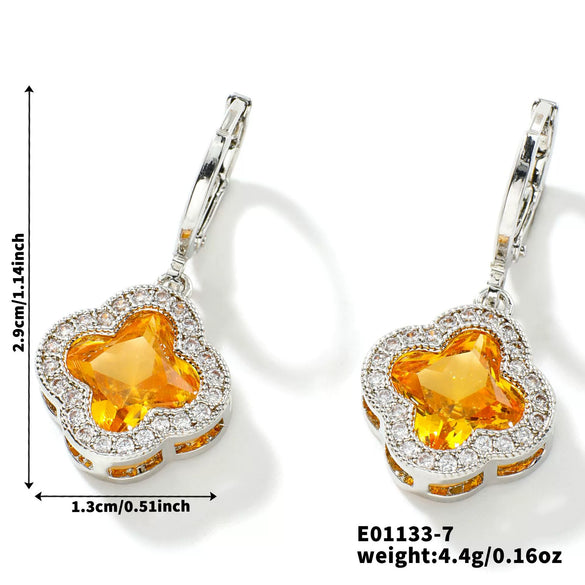 Fragrant Fourleaf Clover Earrings Copper Zircon Glass Geometric Fashion Electroplating