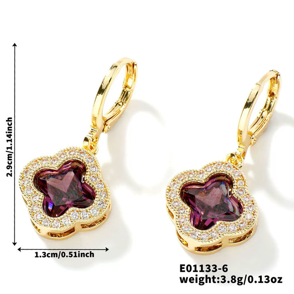 Fragrant Fourleaf Clover Earrings Copper Zircon Glass Geometric Fashion Electroplating