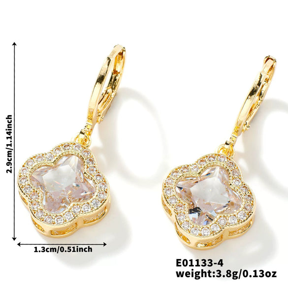 Fragrant Fourleaf Clover Earrings Copper Zircon Glass Geometric Fashion Electroplating