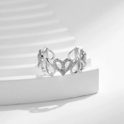 Ig Style Elegant French Style Heart Shape Sterling Silver Rhodium Plated Zircon Open Rings In Bulk