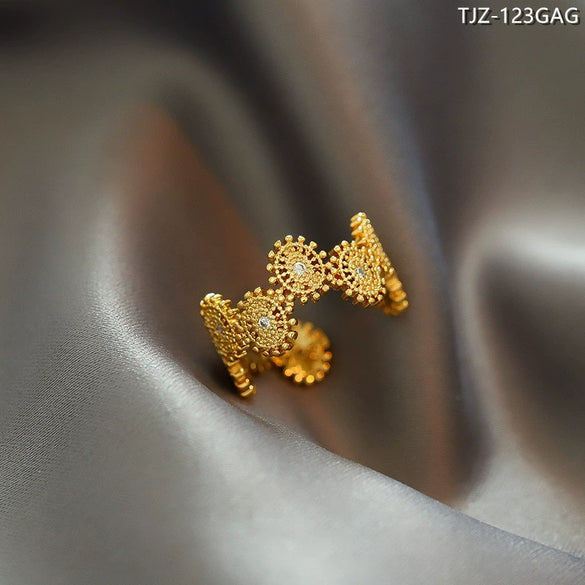 French Retro Daisy Open Ring For Women Copper Electroplated Floral Pattern Adjustable Fashion Ring