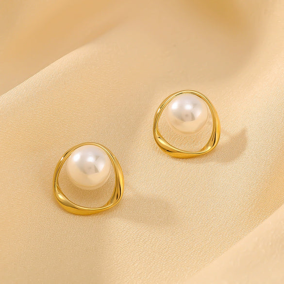 French Retro Design Pearl Ring Style Stainless Steel Earrings For Women With 18K Vacuum Plating In Furnace And Geometric Styling
