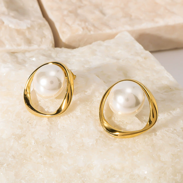 French Retro Design Pearl Ring Style Stainless Steel Earrings For Women With 18K Vacuum Plating In Furnace And Geometric Styling