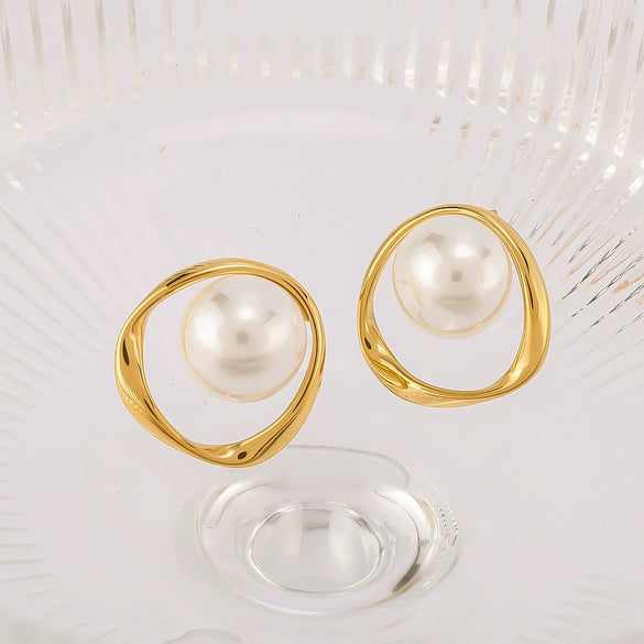 French Retro Design Pearl Ring Style Stainless Steel Earrings For Women With 18K Vacuum Plating In Furnace And Geometric Styling