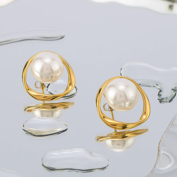 French Retro Design Pearl Ring Style Stainless Steel Earrings For Women With 18K Vacuum Plating In Furnace And Geometric Styling