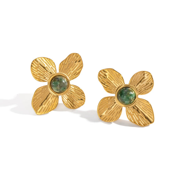 French Retro Flower African Turquoise Earrings For Women 304 Stainless Steel Non Fading 18K Real Gold Electroplated