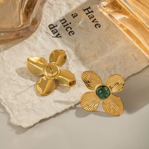 French Retro Flower African Turquoise Earrings For Women 304 Stainless Steel Non Fading 18K Real Gold Electroplated