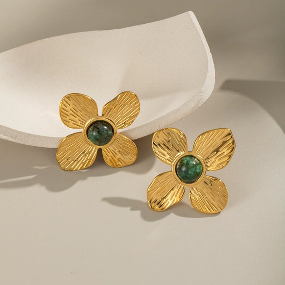 French Retro Flower African Turquoise Earrings For Women 304 Stainless Steel Non Fading 18K Real Gold Electroplated