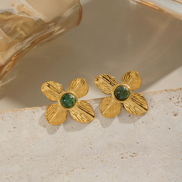 French Retro Flower African Turquoise Earrings For Women 304 Stainless Steel Non Fading 18K Real Gold Electroplated