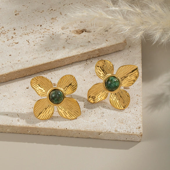 French Retro Flower African Turquoise Earrings For Women 304 Stainless Steel Non Fading 18K Real Gold Electroplated