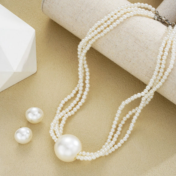 French Retro Stacking Style Multi Layered Imitation Pearl Earrings Necklace Set For Women With Electroplating