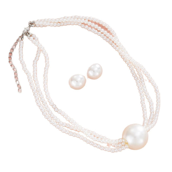 French Retro Stacking Style Multi Layered Imitation Pearl Earrings Necklace Set For Women With Electroplating